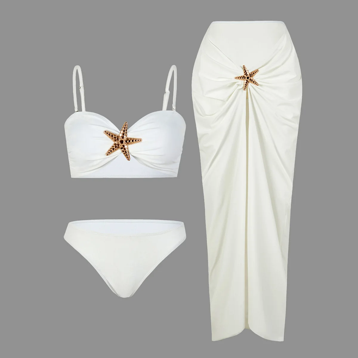 

2025 New Fashionable White Split Swimsuit Women's High-end Swimsuit Sexy Bikini Set Starfish Decorative Beach Bathing Suit