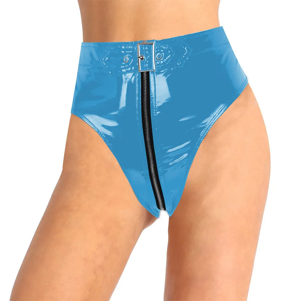 قابل للقفل بولي كلوريد الفينيل سراويل جلدية سيسي ملابس داخلية للرجال لامعة فو بولي Leather الجلود سستة ملخصات النساء عالية الخصر سيور مثير الملابس الداخلية #5