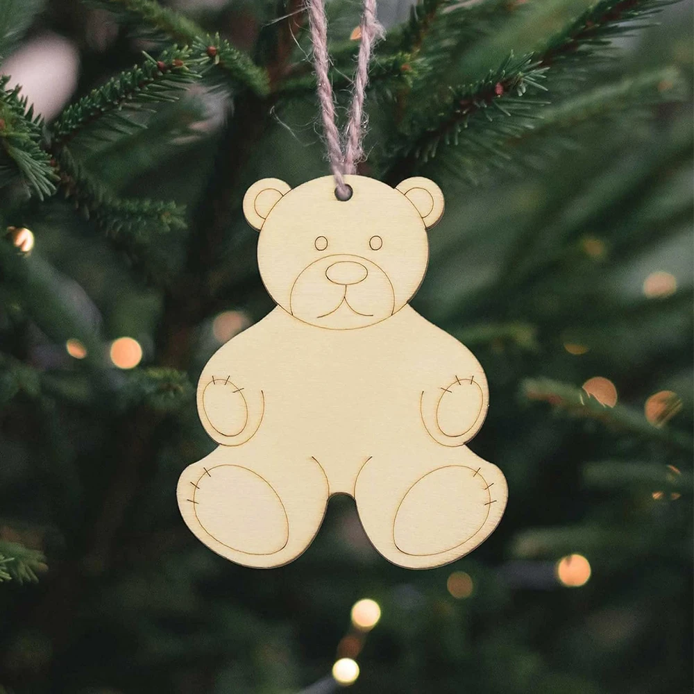 20 Pieces Unfinished Wooden Bear Cutouts Wood Bear Ornaments DIY Bear Craft Bear Wooden Gift Tags Hanging Ornaments