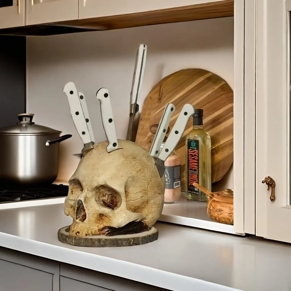Kitchen Knives Holder Skull Skeleton Knives Stand Scary Party Storage Rack Decor Horror Head Organizers Rack Kitchen Accessories