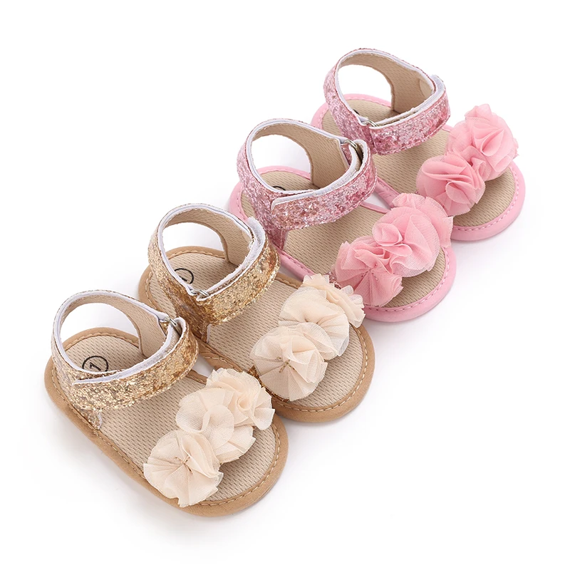 Newborn Baby Summer Girl Flat Shoes New Shiny Leather Sequin Sandals Soft Sole Non Slip Heel Resistant Walking Shoes