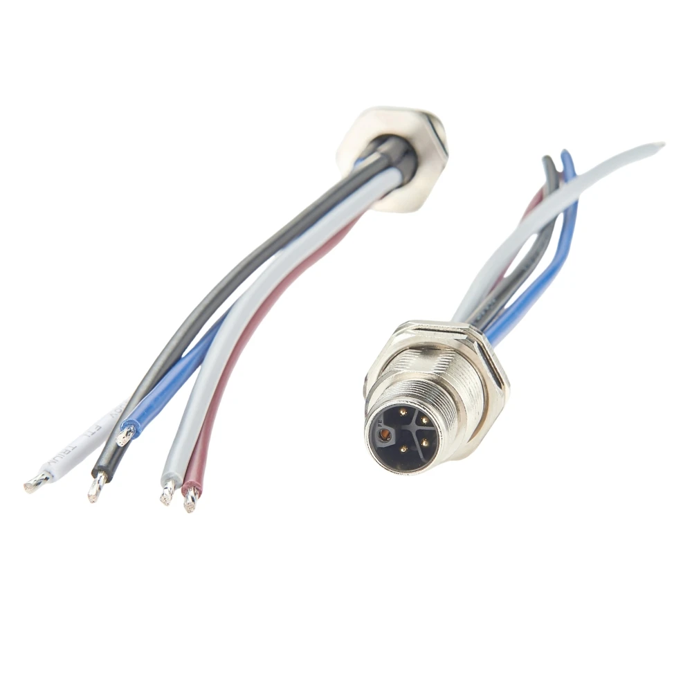 M12 5Pin L Code Thread Flush Panel Front Mount Receptacle Cable IP67 Waterproof Power Connector With Pre-assembled Wires