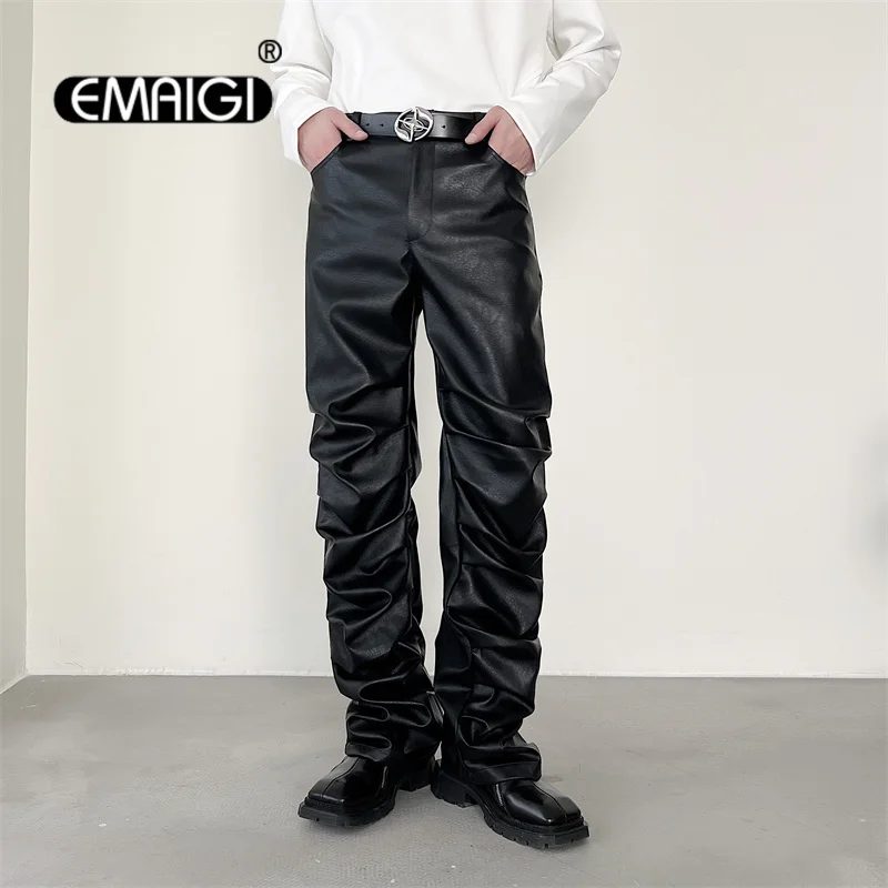 

Dark Punk Niche Design Pleated Leather Pants Men's Streetwear Fashion High Street Slim Fit Leather Motorcycle Pants Trousers