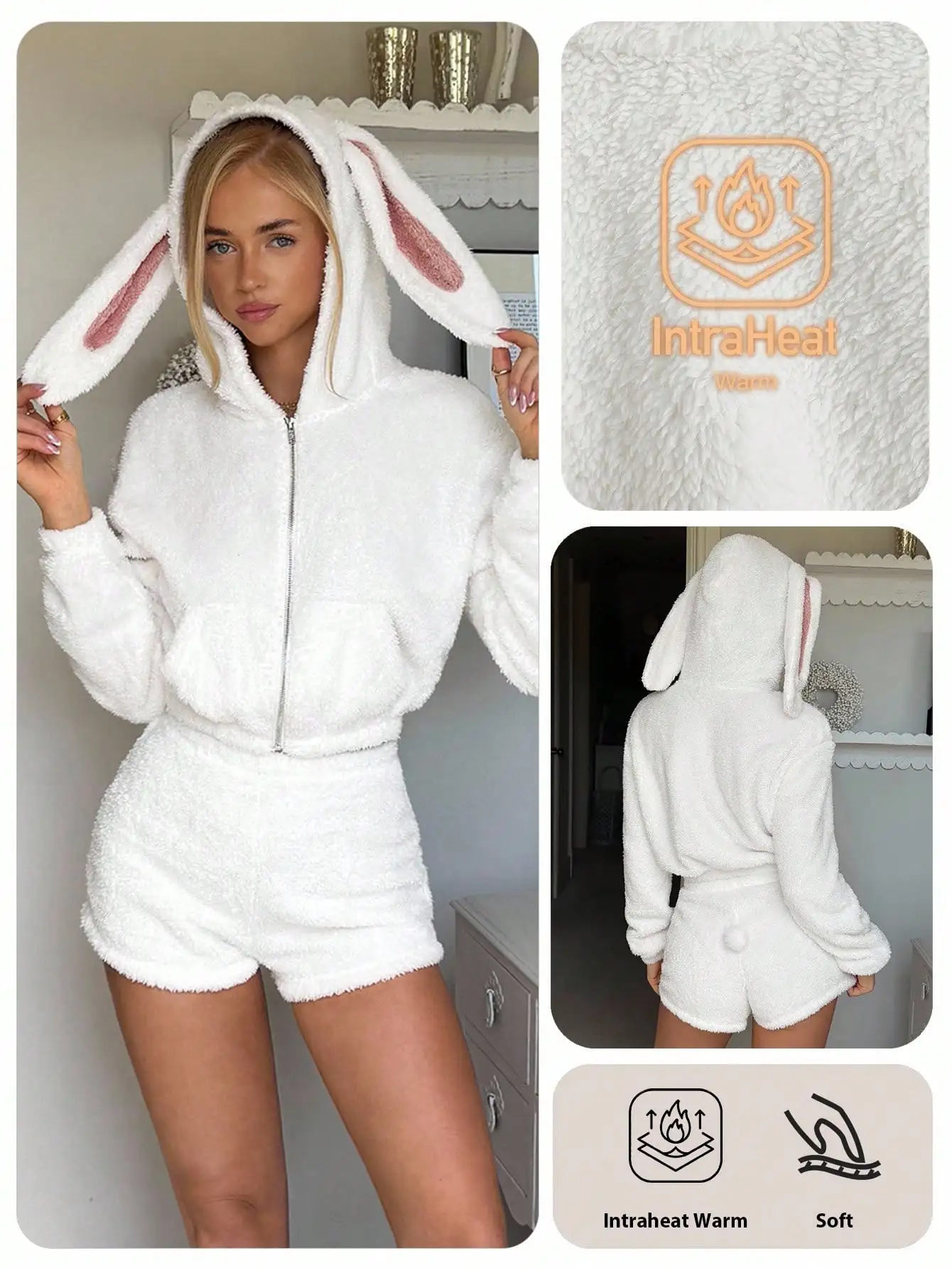 

Женский комплект из белой плюшевой толстовки с кроличьими ушками и шорт, повседневная теплая домашняя пижама