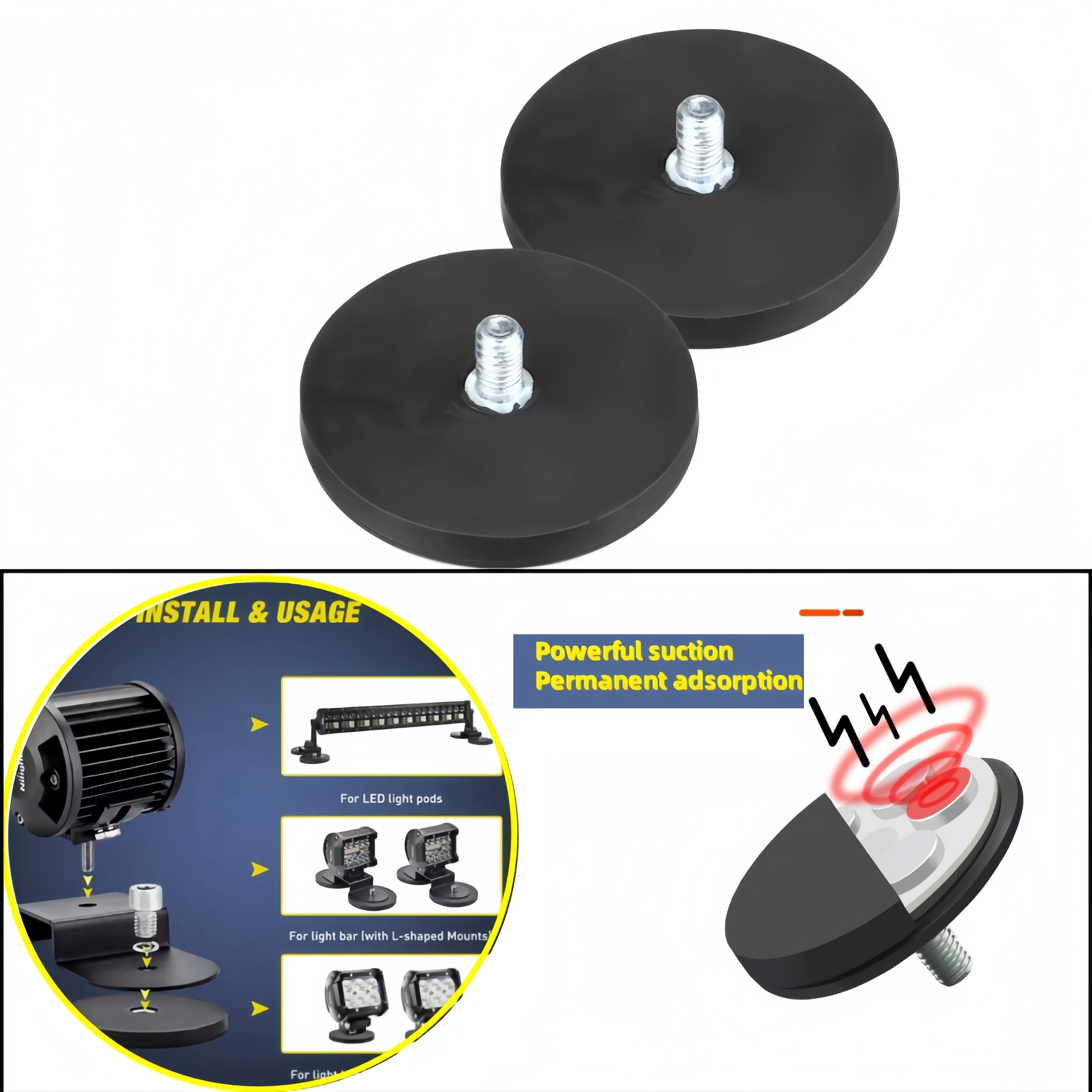 2 pçs 43mm m6 parafuso base magnética suporte de montagem braçadeira para barras luz trabalho led offroad suv caminhões acessório iluminação ao ar livre
