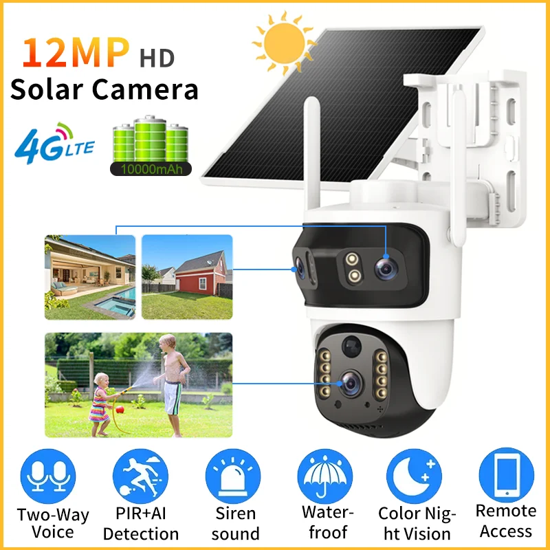 

3-объективная солнечная камера 4G LTE CCTV 12MP HD 6K для улицы с автоматическим отслеживанием гуманоидов PIR AI обнаружения PTZ-камера 10000 мАч аккумулятор