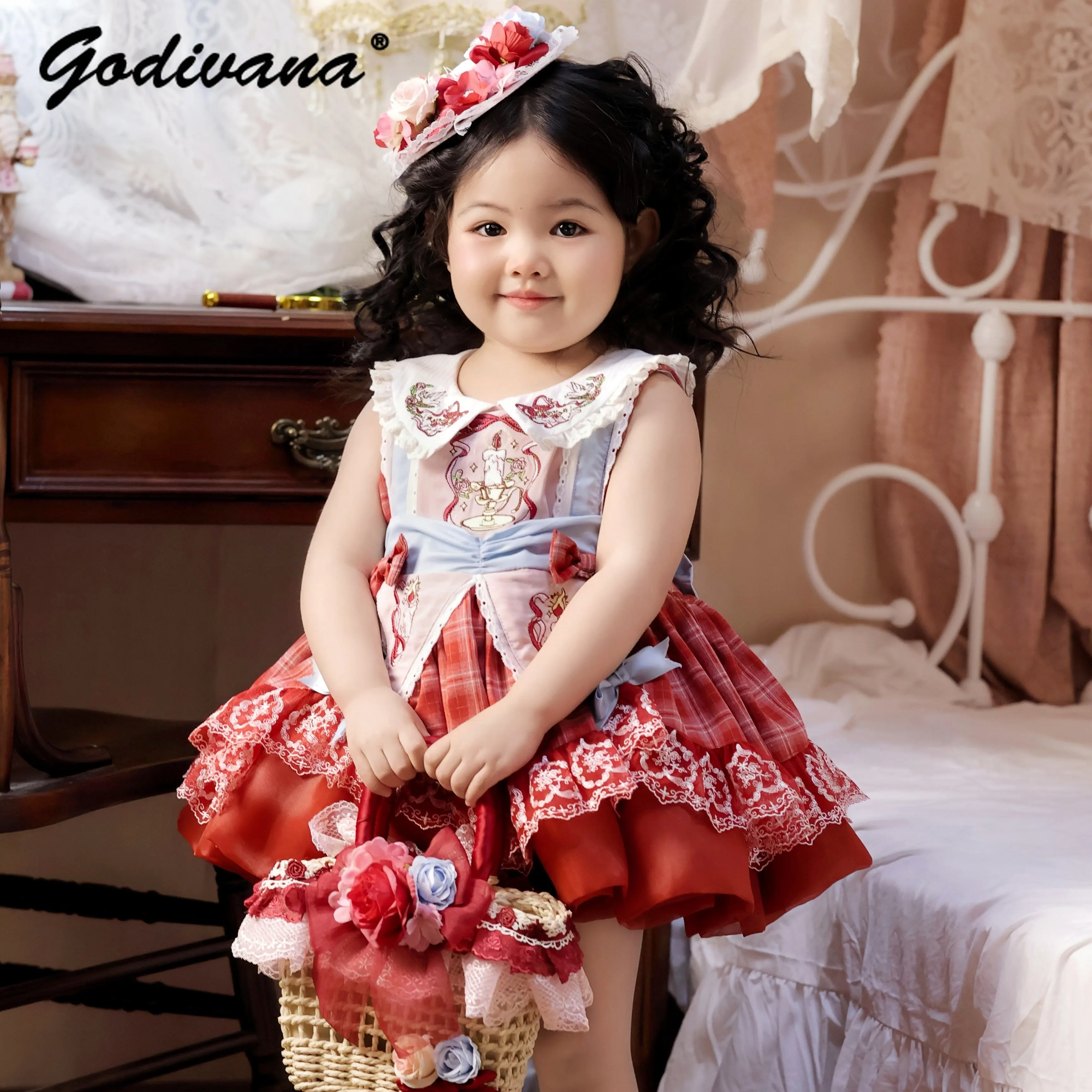 Original Baby Girls High End Embroidery Red Plaid Princess Dress 2026 Summer New Fashion Doll Collar Lace Sleeveless Casual Set