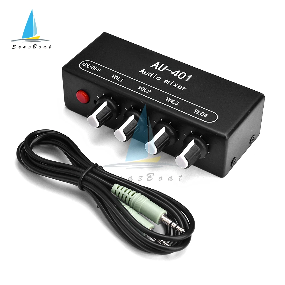 AU-401 Mini Stereo JACK 3.5mm Audio Mixer 4 Input to 1 output Individually Controls Board Sound Mixing DIY Headphones Amplifier