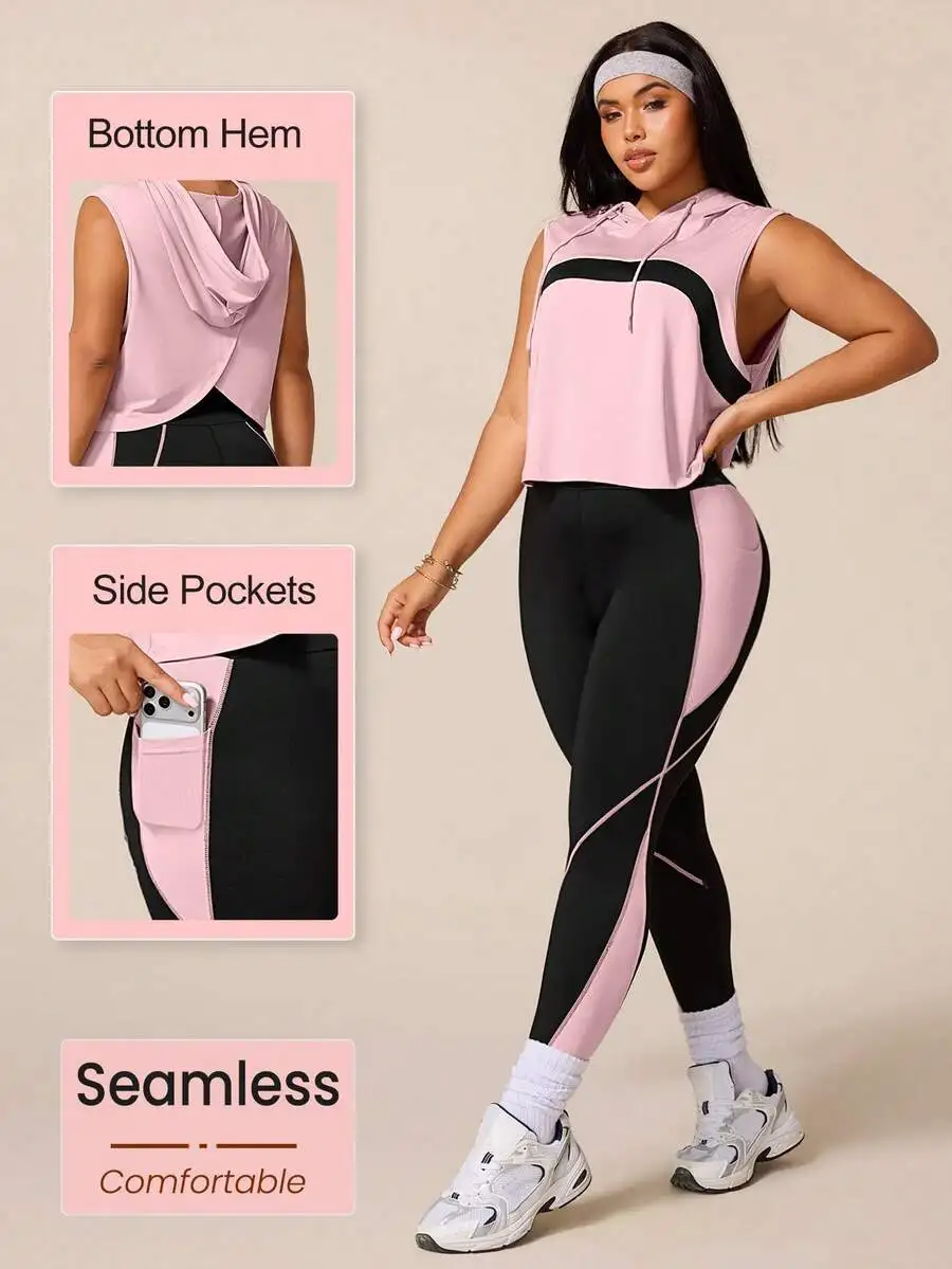 

Womens Sleeveless Hooded Workout Set With Side Pockets And Contrast Color Design