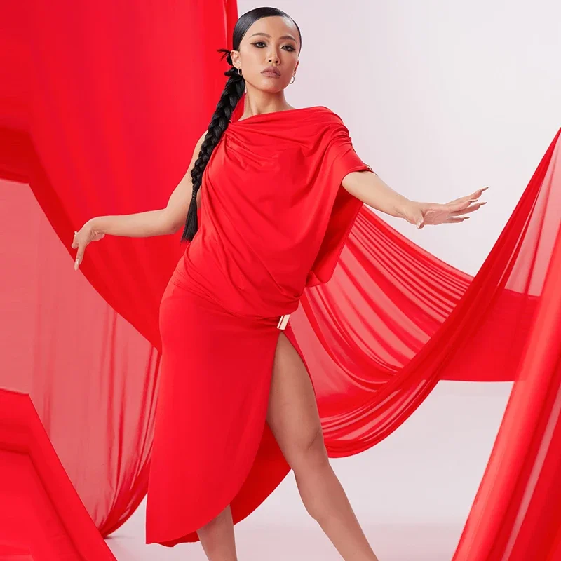 Adults Samba Rumba Latin Dance Clothes Slanted Shoulder Top Slit Skirt Women'S Latin Dance Competition Costumes SL13087