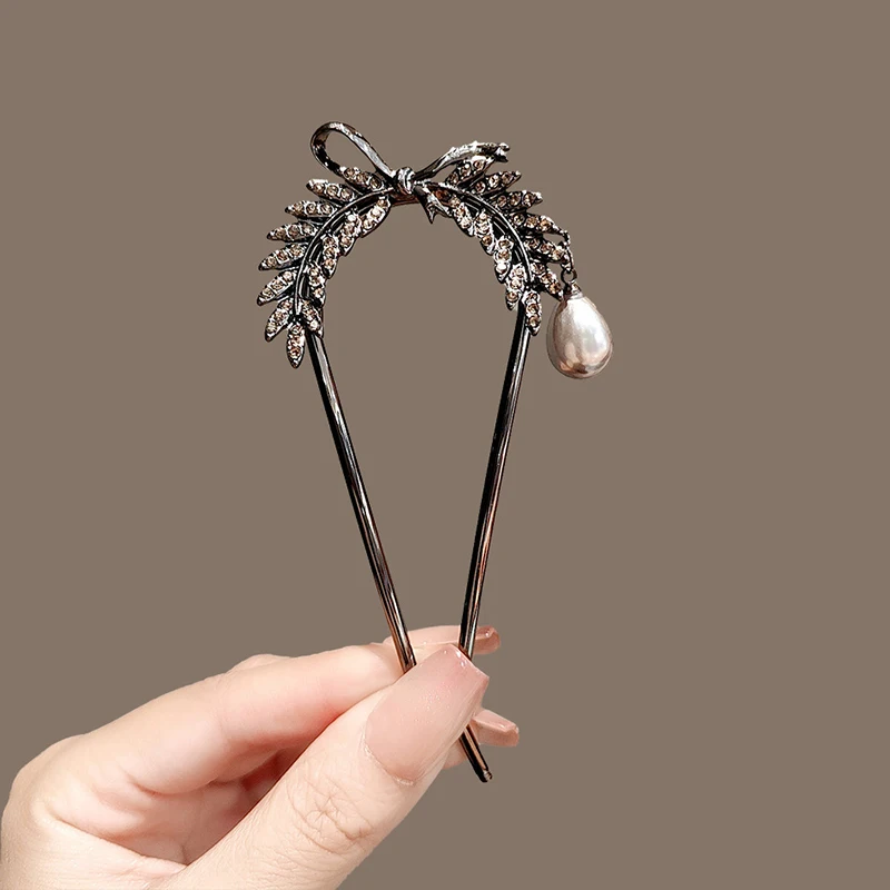 High-end Pearl Rhinestone Wheat Hairpin Women Ancient Style U-shaped Hair Clasp Back Head Hair Sticks Versatile Hair Accessories