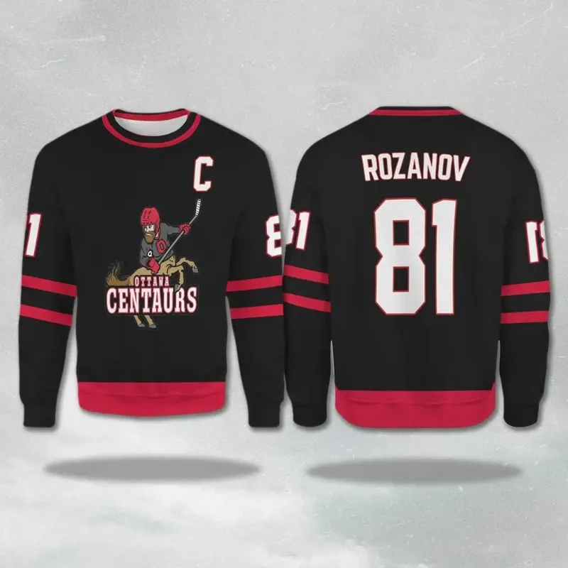 Ottawa Centaurs 3Dsprit #24 Shane Captain C Men Crew Neck Sweatshirt Black Red Ice‑Hockey Style Printed long‑sleeve