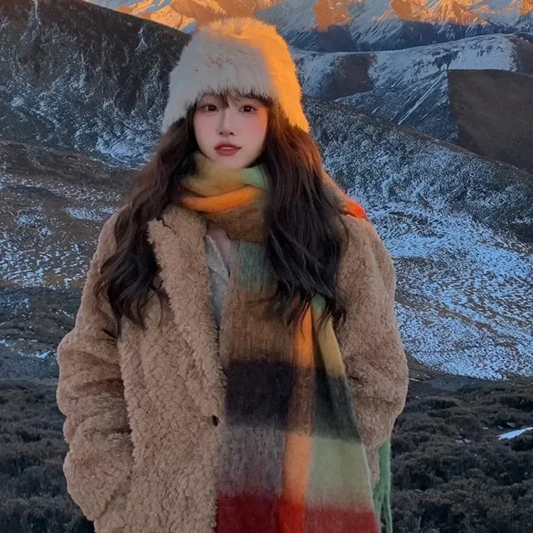 قوس قزح وشاح جديد شتاء دافئ متماسكة التفاف الإناث الكورية نمط منقوشة وشاح الموضة مريحة تنوعا شال هدية الكريسماس #2