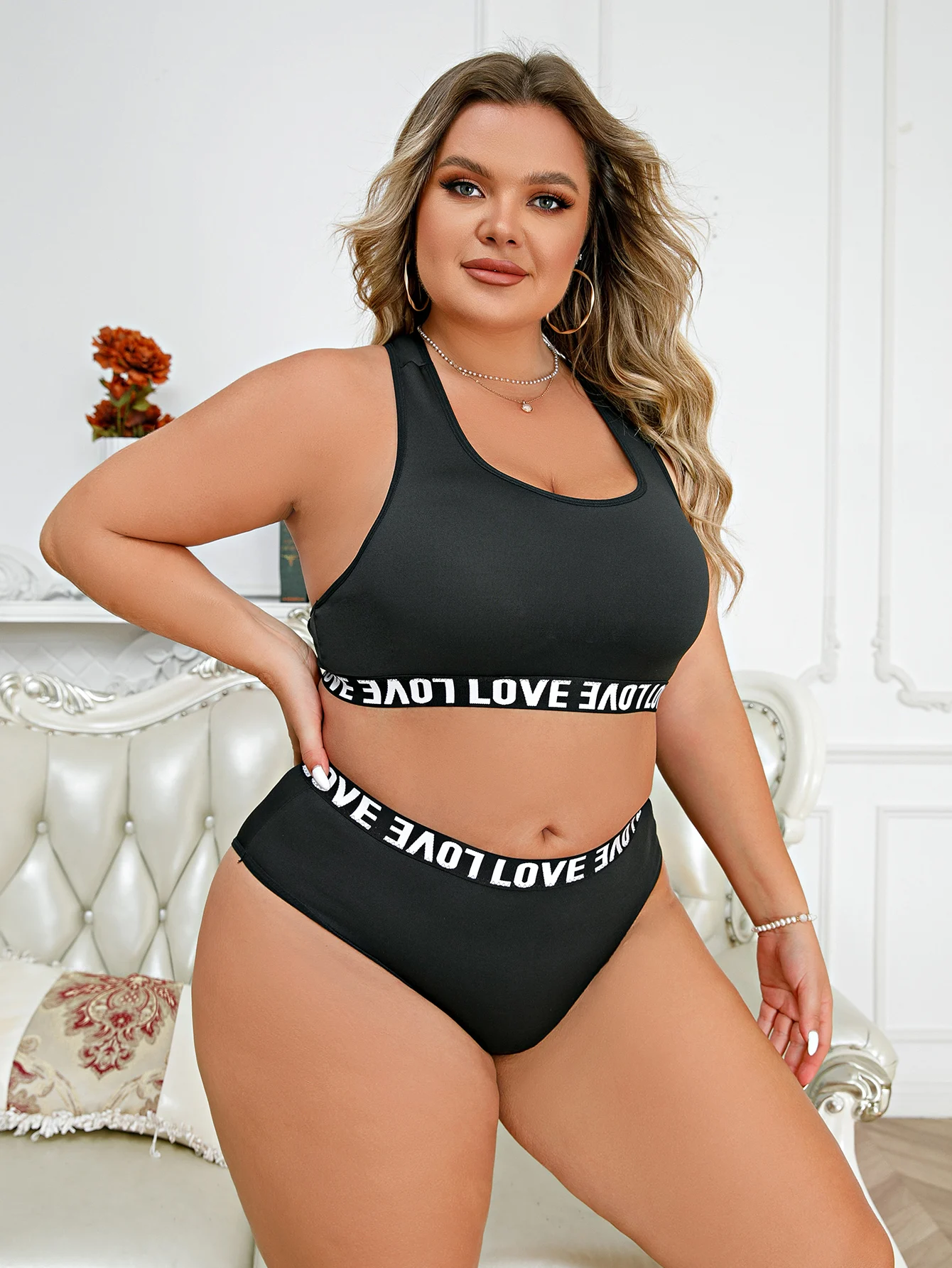 2Pcs Plus Size Casual Lingerie Set Women\'s Plus Letter Tape Racer Back Seamless Wire Free Bra Underwear