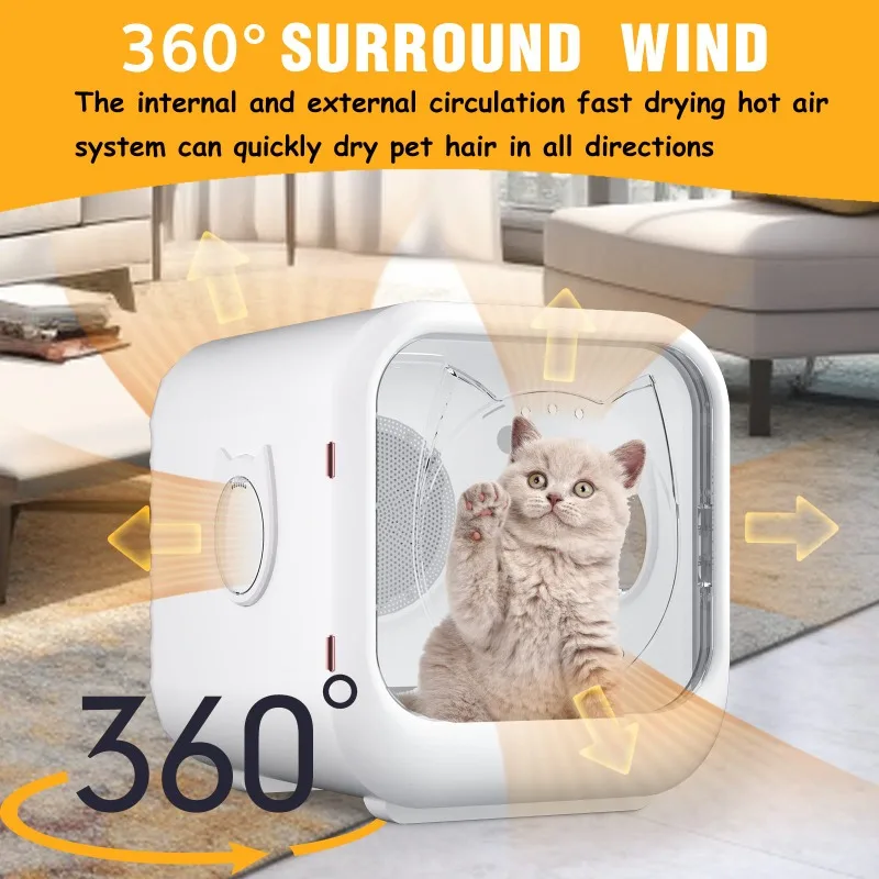 Fast Automatic Pet Dryer for Cats Dogs, Adjustable Temp Quiet Cat Dryer with Five Air Vents, 360 Drying Cat Dryer Machine