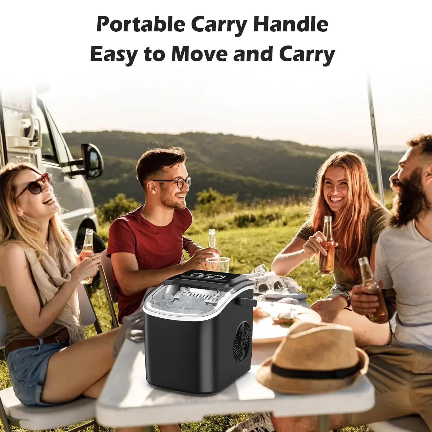 Portable Countertop Ice Maker Machine with Convenient Carry Handle, Efficient Self-Cleaning Ice Makers, Produces 9 Pellet Ice Cu