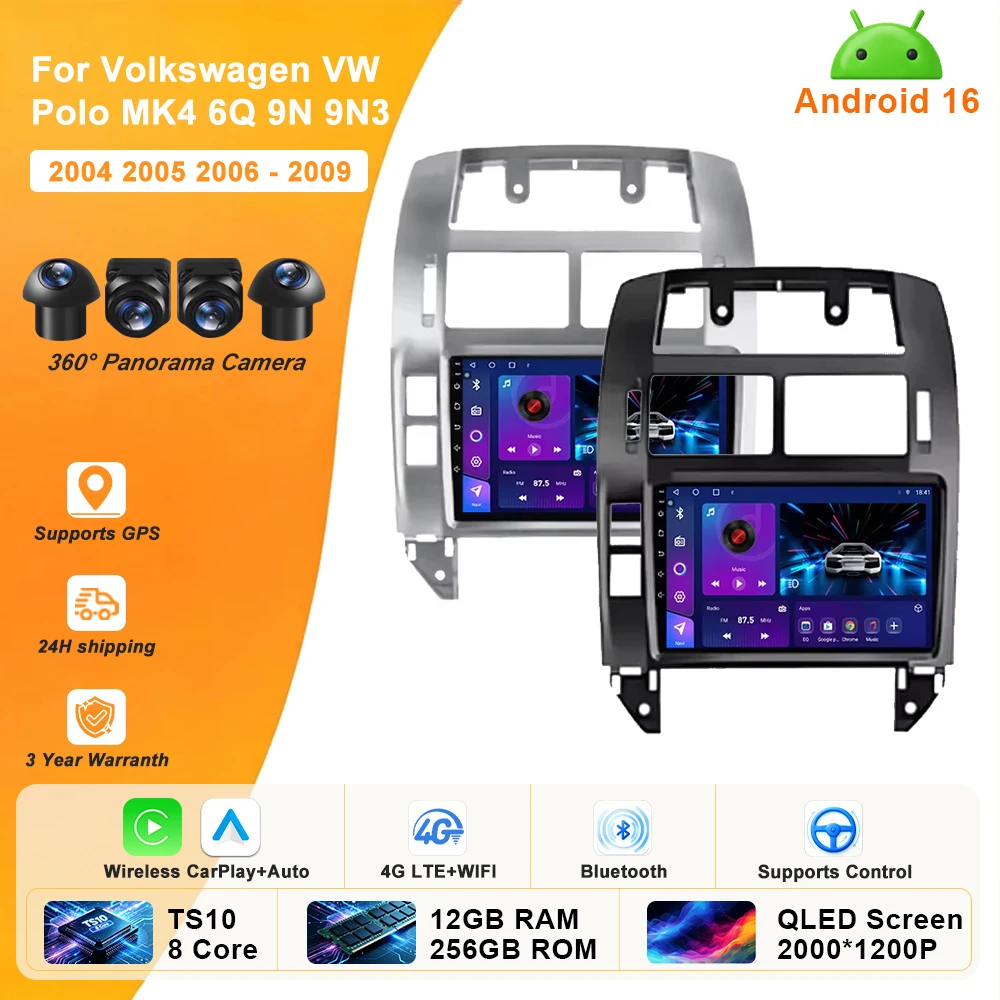 For Volkswagen VW Polo MK4 6Q 9N 9N3 2004- 2009 Car Radio Android 16 Auto Multimedia Video Player GPS Carplay QLED Screen Stereo