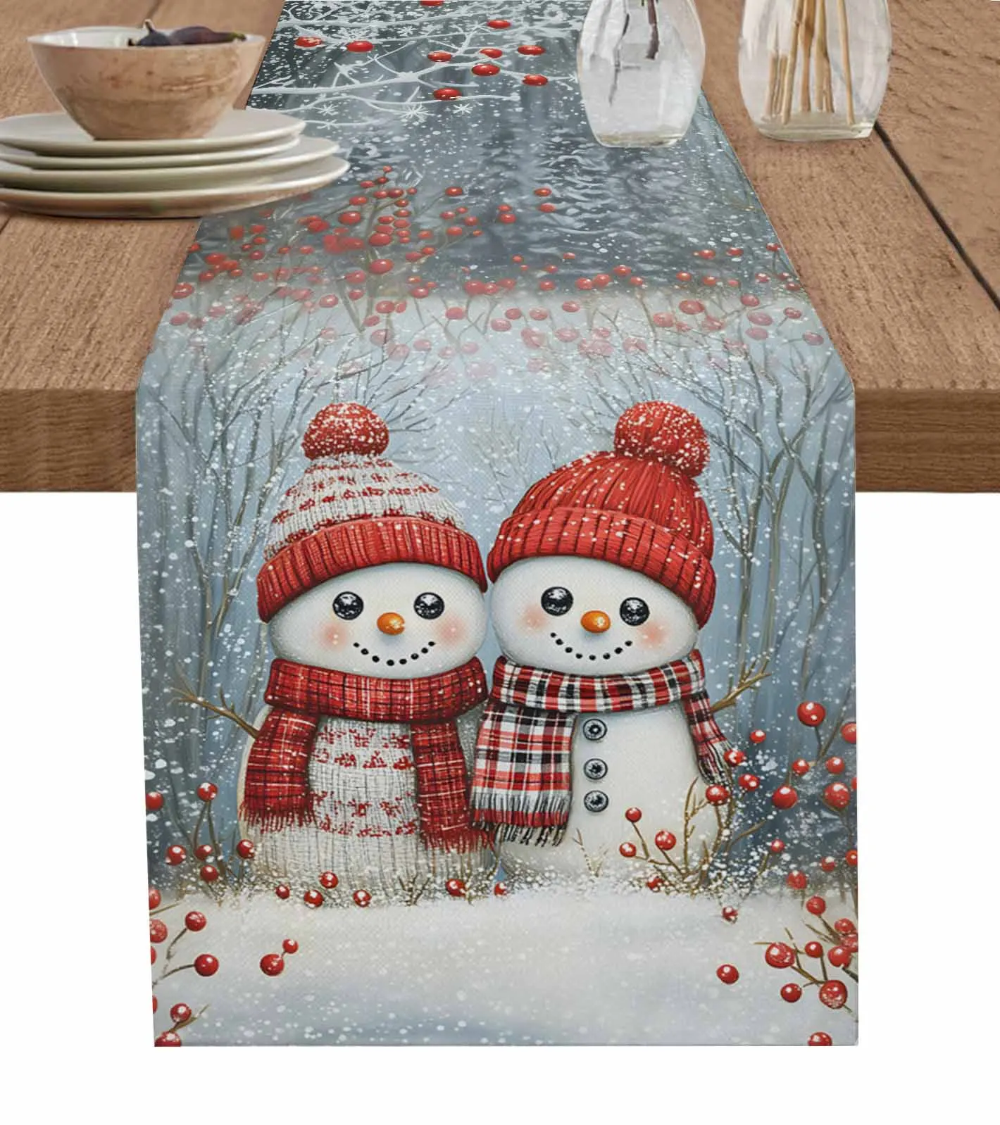 Snowy Forest Berry Snowman Table Runner Cotton Linen Wedding Table Decor Tablecloth Kitchen Decor Table Runner