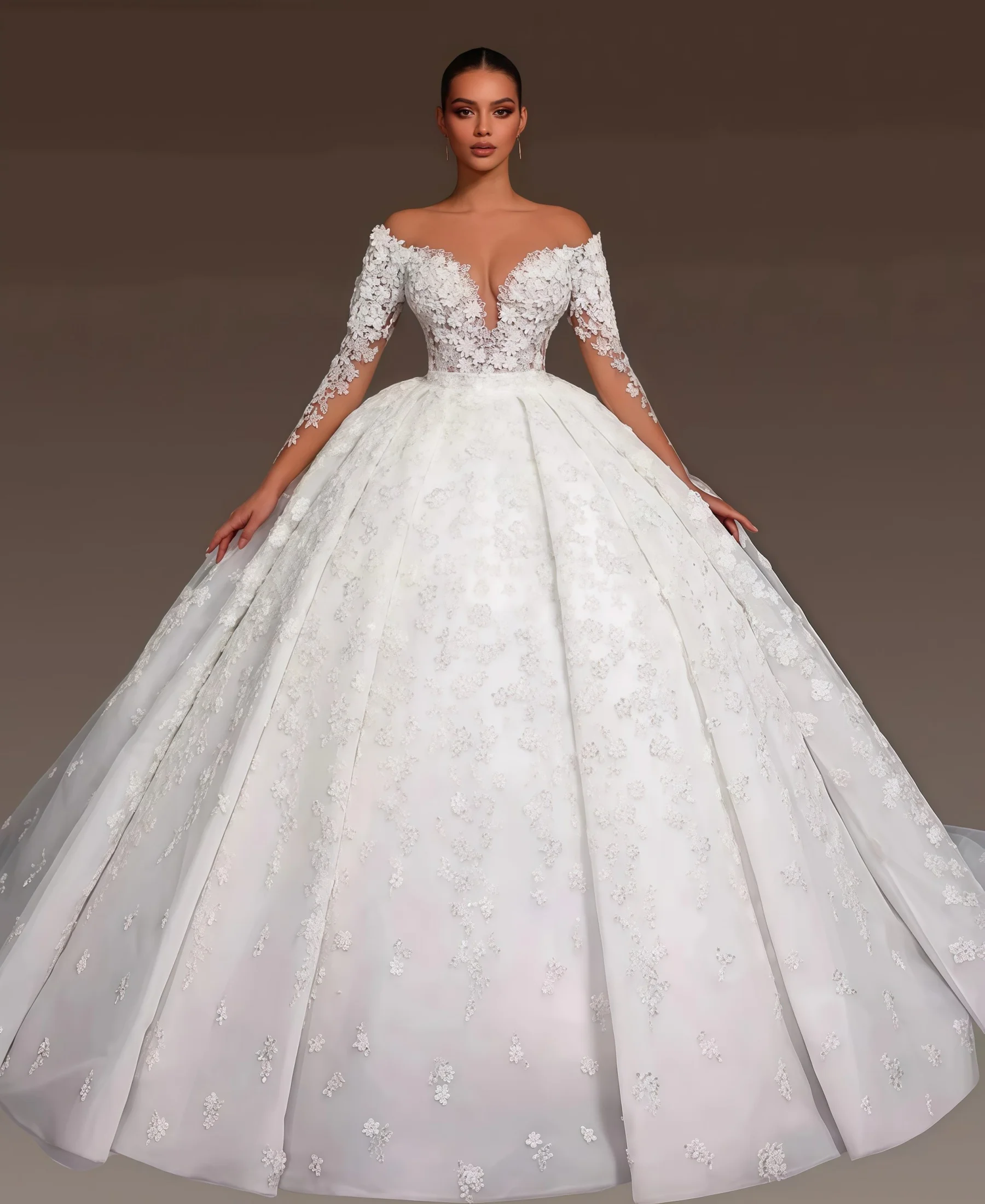 Customized Elegance Lace Appliques Wedding Dress Luxury Shining Beads Off The Shoulder Bridal Gown Wedding Dress With Flowers
