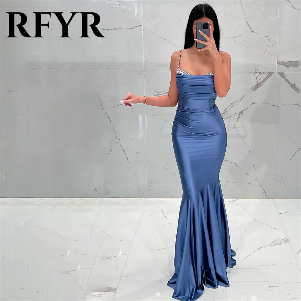 RFYR-vestido de noche de sirena para mujer, traje Sexy de satén con pliegues, tirantes finos, color negro