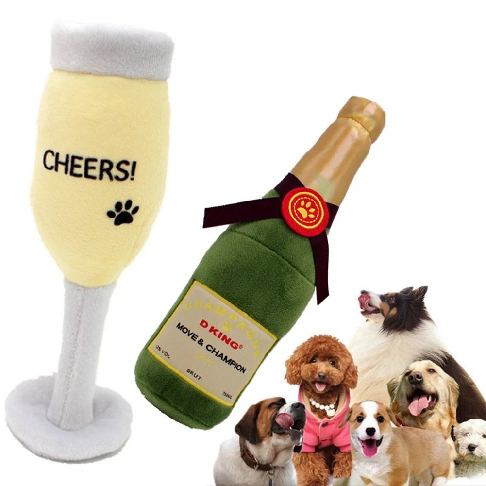 Interactive Dog Toys Champagne Wine Bottle Shape Pet Toy Plush Stuffed Chew Toys Squeaky Bite-Resistant Pet Training Accessories