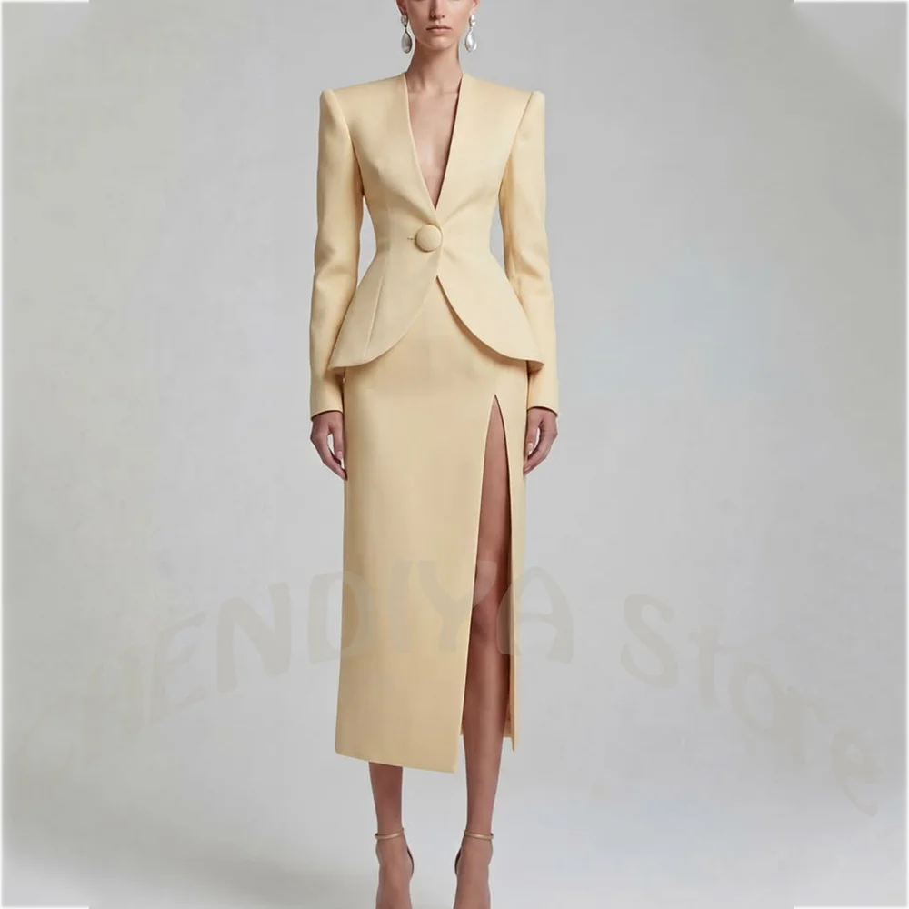 

Modern Women's Suit Deep V-Nek Peplum Blazer with Padded Shoulder High Slit Midi Skirt Tailored Slim Fit Office Business Outfit