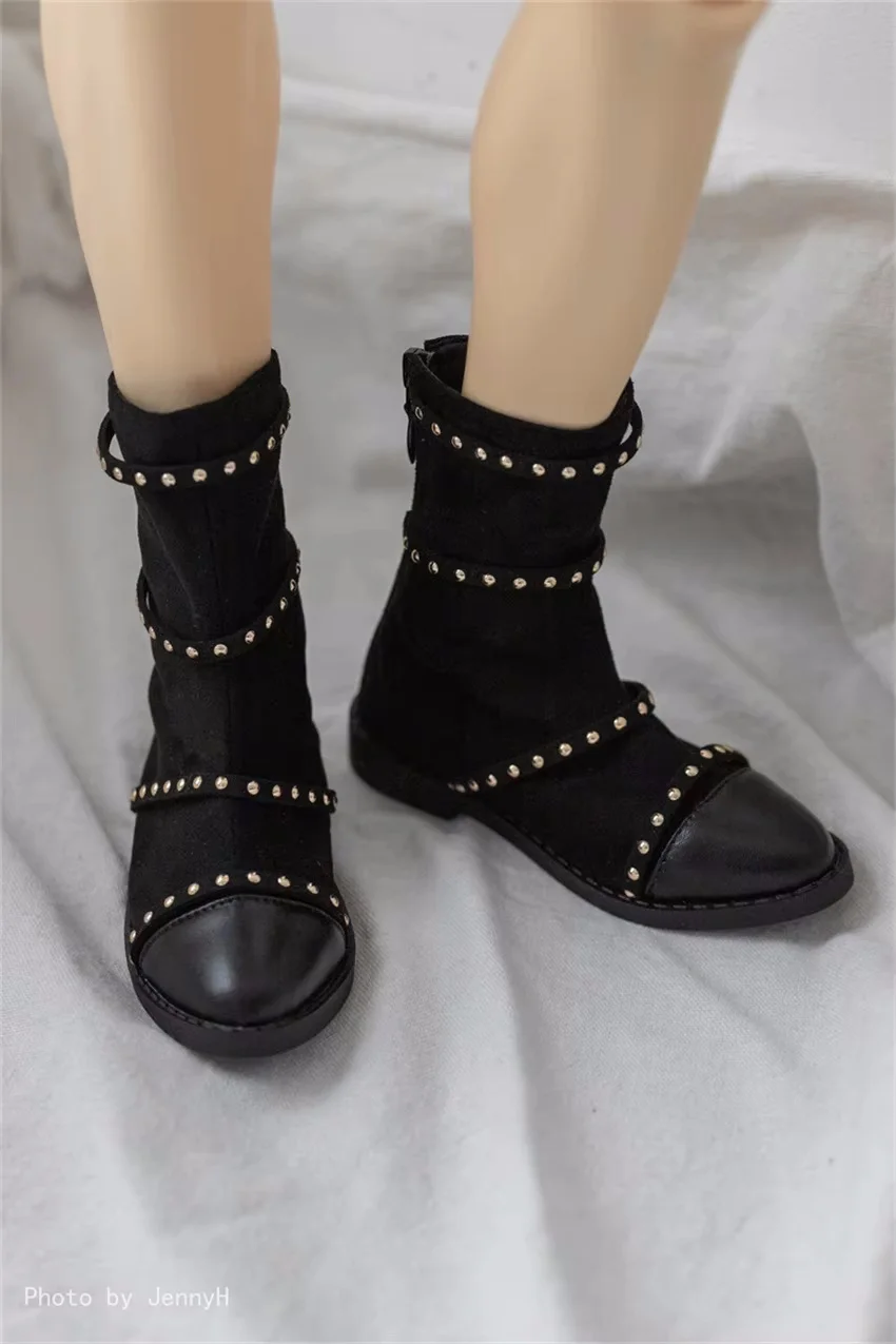 BJD Doll Ankle Boots Handsome Toy Shoes Unisex Pointy Toe Single Zipper Black Casual Soft Surface Rivets Buckle Doll Accessories
