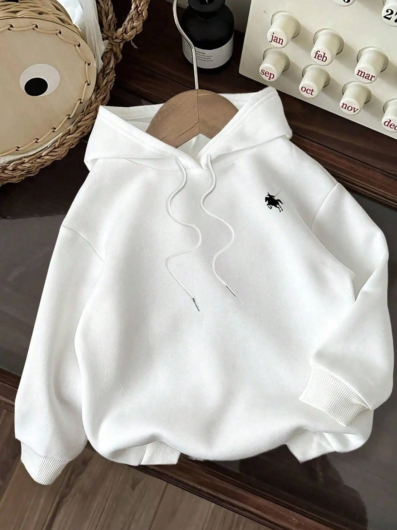 

Minimalist White Hoodie with Small Equestrian Silhouette Print, Loose Fit, Thick Warm Sweatshirt for Women