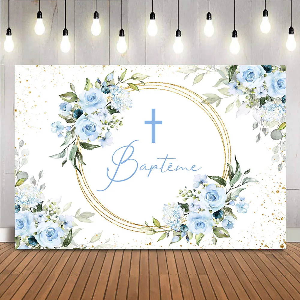 Baby party Taufe Hintergrund für Jungen Gott segne Foto Hintergrund blaue Blumen Gold Glitter glänzende Punkte Fototermin Hintergrund Requisite