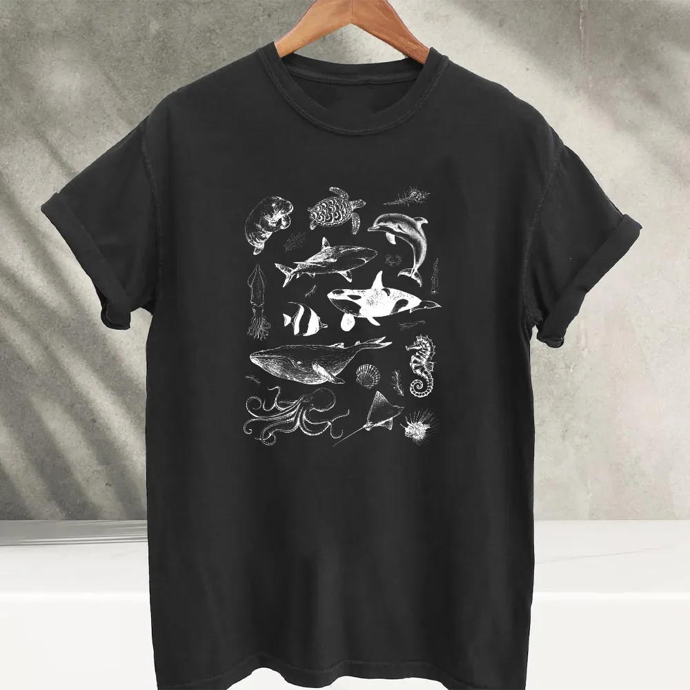 Vintage Sketch Ocean Sea Creatures Collage Graphic T‑Shirt Marine Animals Shark Whale Turtle Dolphin Octopus Print Cotton Tees