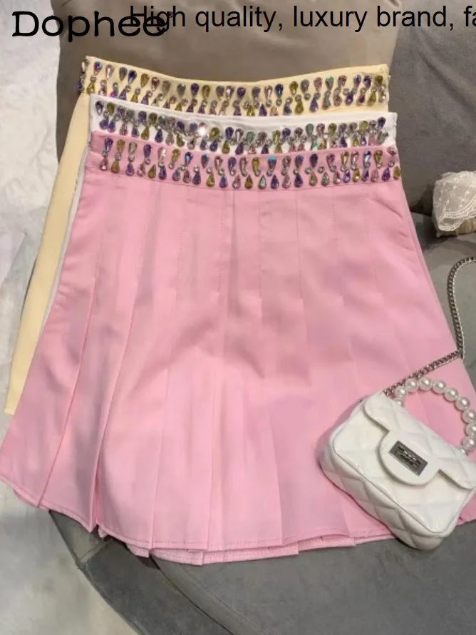 Colorful Heavy Industry Diamond Pleated Women 2023 Spring Summer New A- Line Sweet Pink s High Waist Slim Mini Skirt