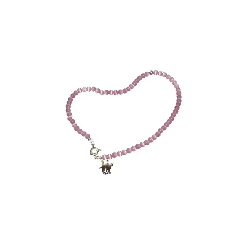 New Pink Crystal Opal Beaded Cat Pendant Necklace for Women Sweet Cool Cute Aesthetics Clavicle Chain 2023 Trendy Jewelry Gift
