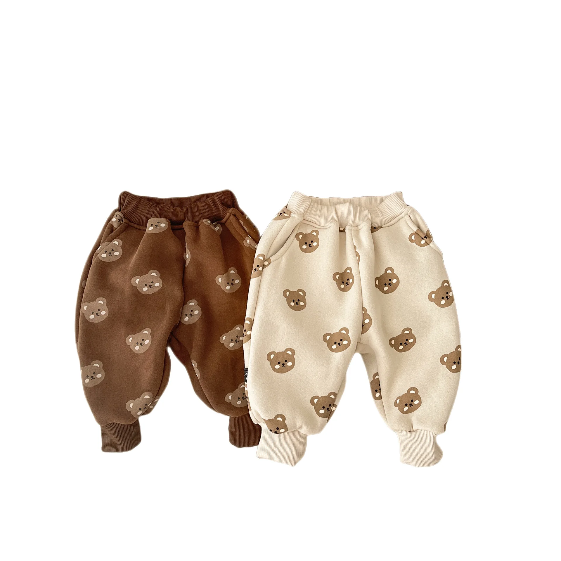 2024 Baby Boys Pants Autumn Winter Plush Warm Cartoon Bear Printed Infnat Boys Pants Cotton Plus Velvet Newborn Boys Trousers