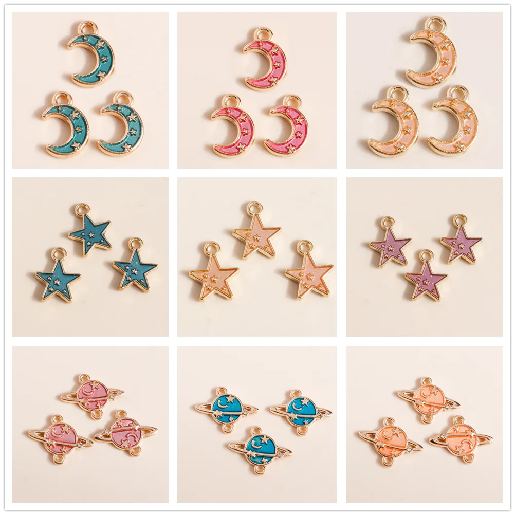 Leslie 10pcs Enamel Galaxy Saturn Globe Moon Star Charms Pendants for Necklaces Bracelet Earrings DIY Jewelry Making Accessories