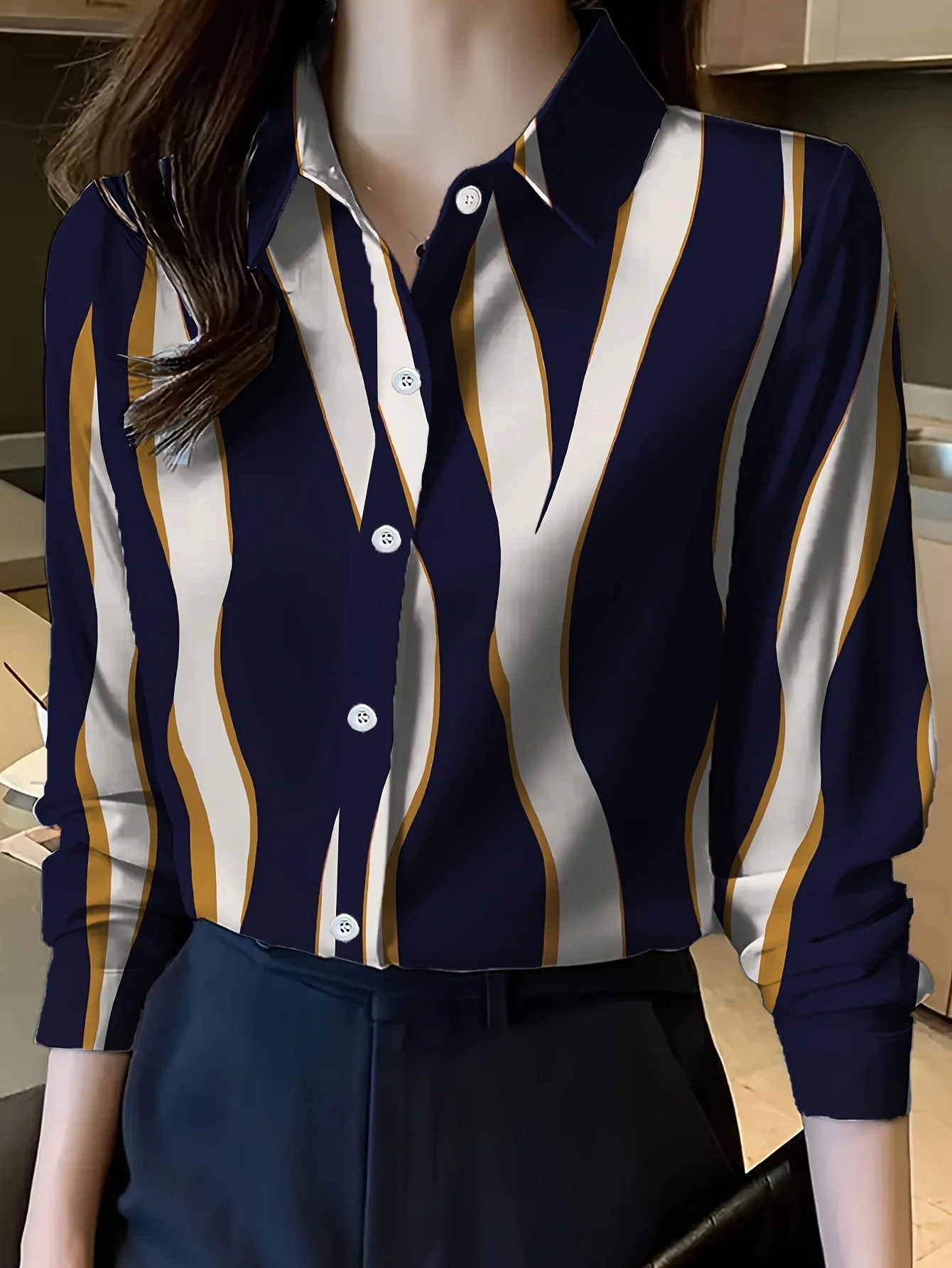 Boutique Ladies Lapel Button Shirt Elegant Temperament Long Sleeve Textured Design Shirt Ladies Daily Commuter Fashion Shirt