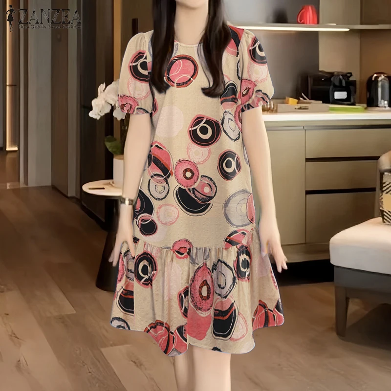 2026 ZANZEA Damen Sommer-Sonnenkleid Böhmisches Bedrucktes Urlaubskleid Vintage O-Ausschnitt Kurzarm Strand-Kleid Kaftan Robe Femme