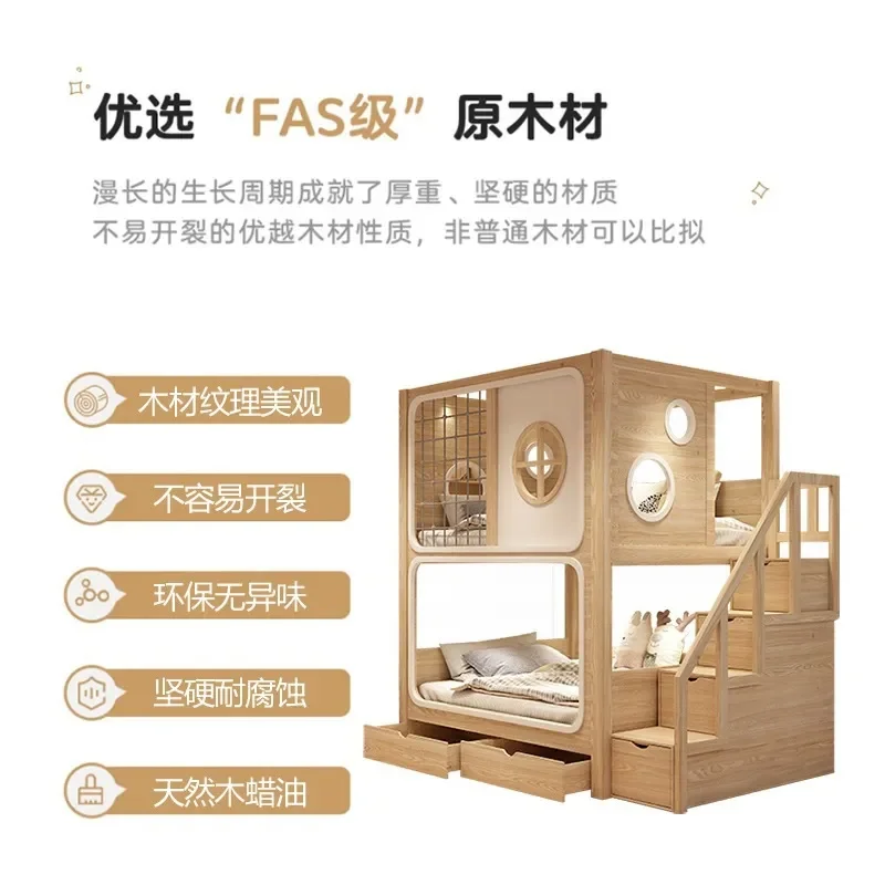 Solid Wood Bunk Bed with Wax Oil Finish Two Tier High Low Bed for Kids Boys and Girls Tree House Style Parent Child Sleeping