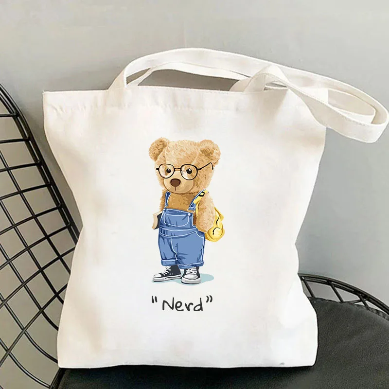 Nerd Genius Teddy Bear Canvas Bag Stylish Large Capacity Tote Bag Shopping Casual Fashion Bag for Student