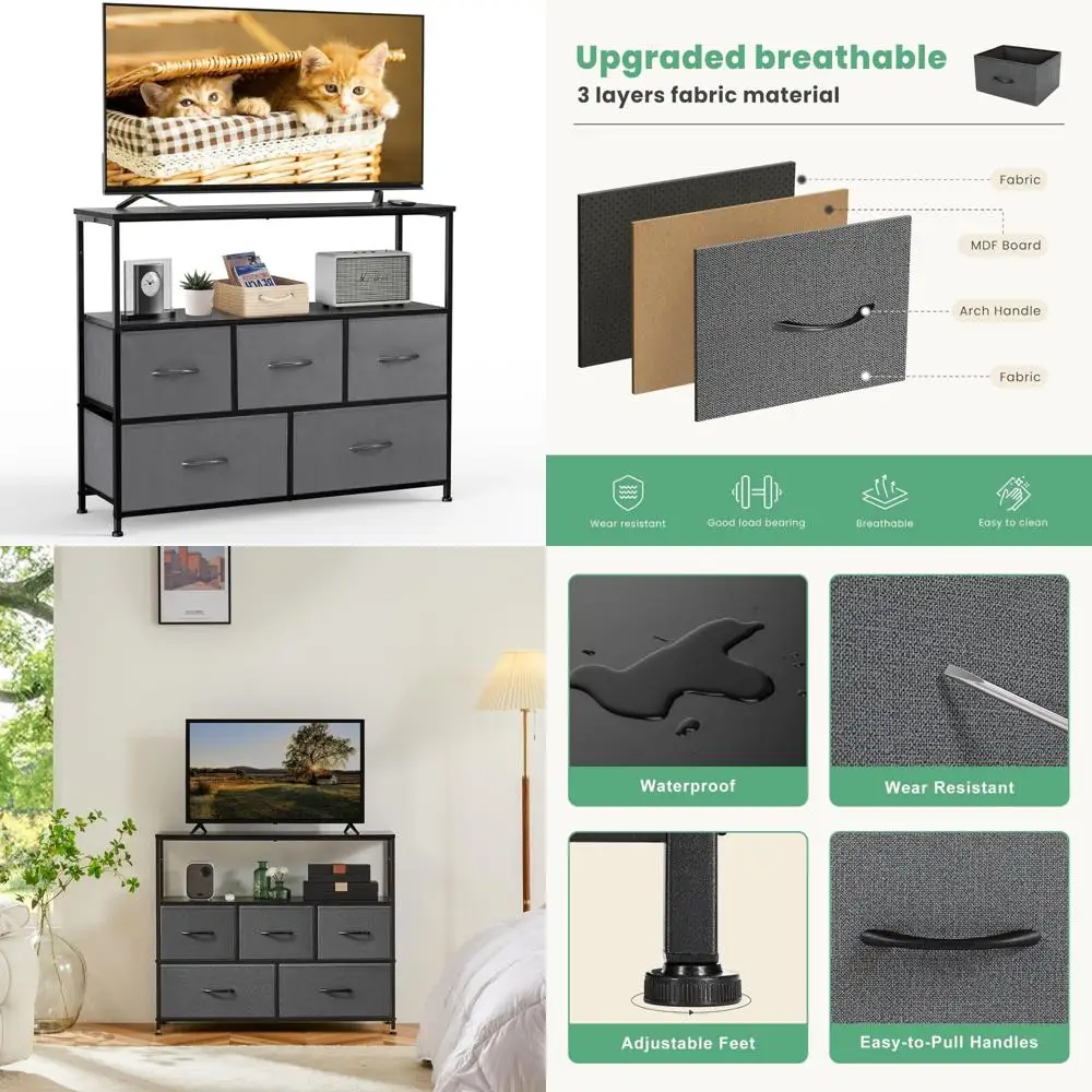 حامل تلفزيون صغير لغرفة النوم مع مركز ترفيهي وتخزين، وخزانة ذات 5 أدراج لتلفزيون غرفة المعيشة