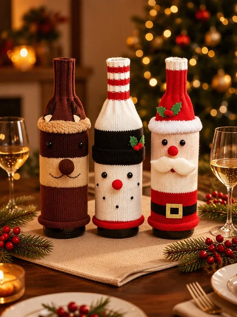 3PCS Christmas Wine Bottle Covers Knitted Santa Snowman Reindeer Wine Bottle Sleeve Xmas Holiday Table Decor