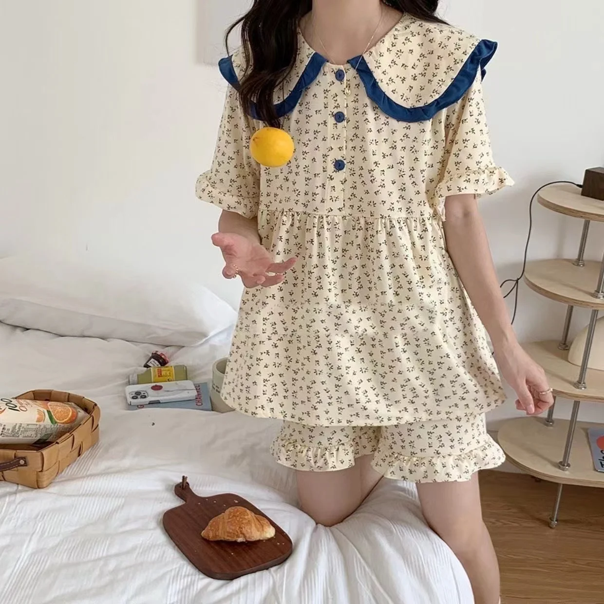 Floral Sleepwear Women Pajama Sets Salior Collar Korean Short Sleeve Piiama Summer Set 2 Pieces Sleeping Home Suit Night Wear