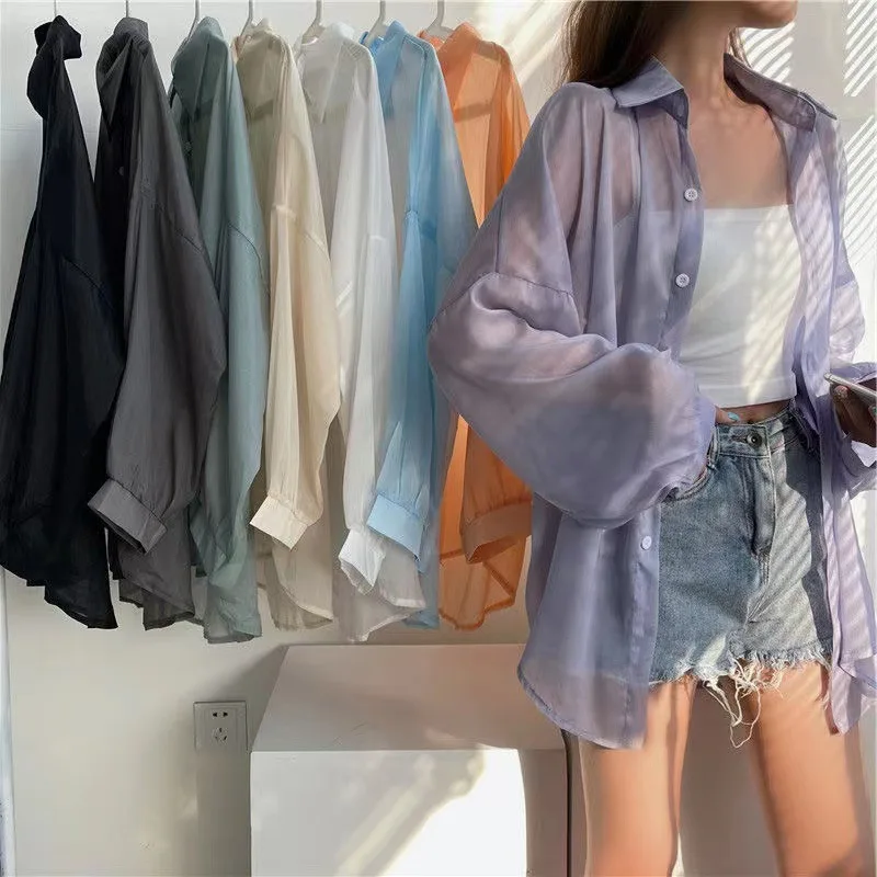 Bright Yarn Women's Button Up Shirt Holiday Wear Loose Long Sleeve Casual Shirt 2024summer Thin Transparent Top Women's Clothing