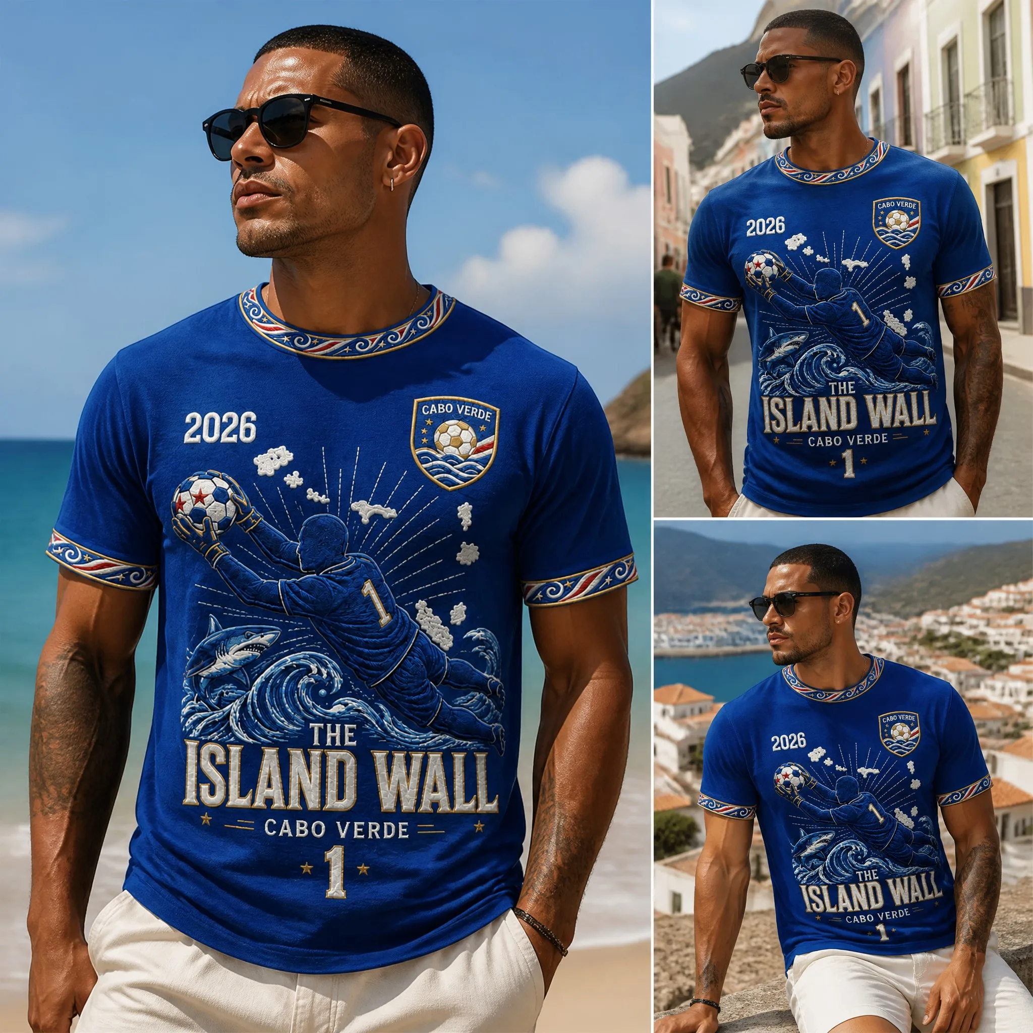 Mens Cabo Verde Crew Neck T Shirt Blue Island Wall Graphic Print Short Sleeve Casual Top Beach Street Summer Style Resort Outfit