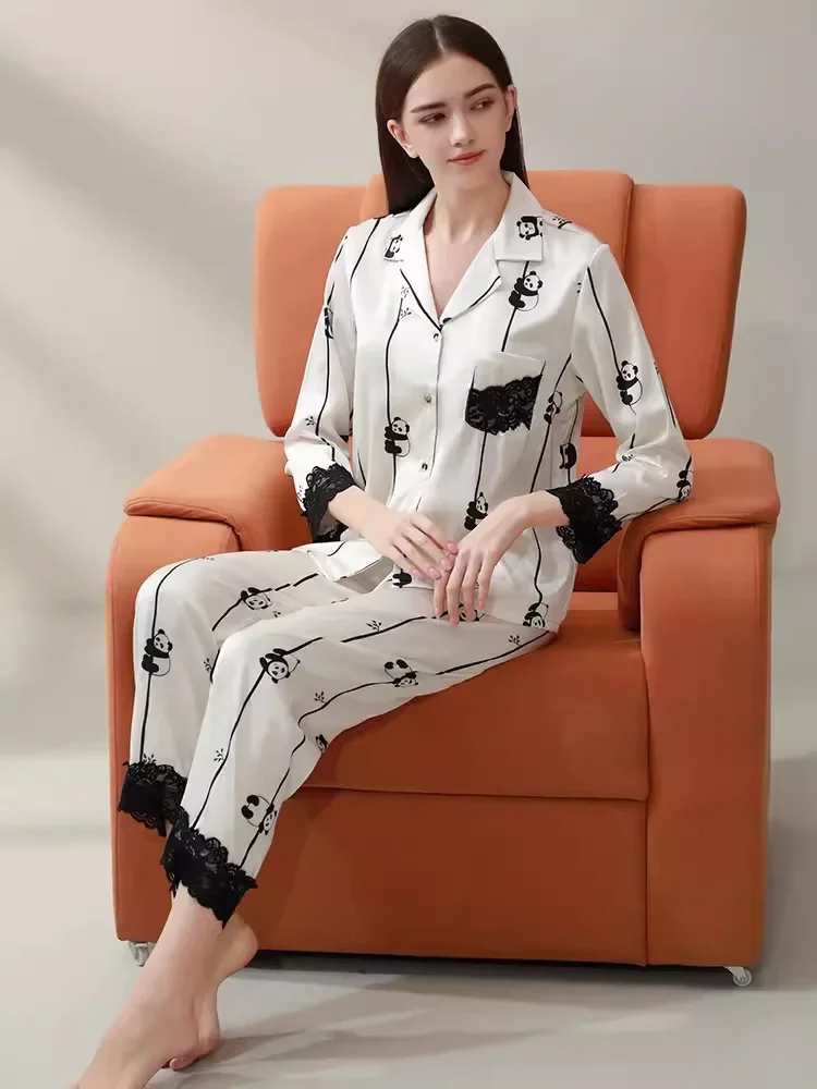 

White Panda Women's Silk Two Piece Pajamas Set Luxury Loose Lace Trim Pyjama Satin Femme Nightgown Printed Mulberry Silk Pajama