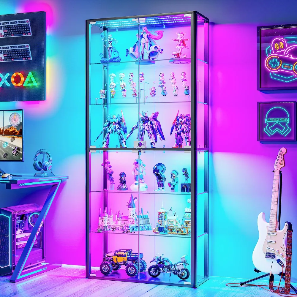 6-Tier RGB Glass Display Cabinet with Door,Adjustable Shelves,Locking