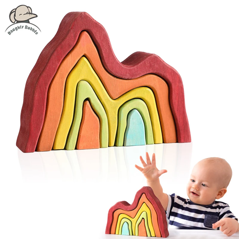 Montessori Irregular Blocks Stacking Balance Toy for Children Wooden Rainbow Blocks Education Learning Mountain Simulation Toy