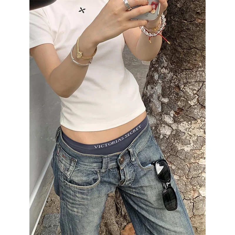Women Vintage Blue Y2k Baggy Jeans Harajuku 2000s 90s Denim Trousers American Retro Streetwear Pants Clothes 2025 Autumn