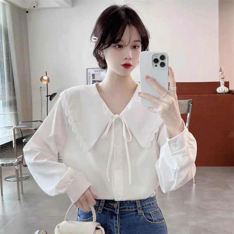 Sweet Bow Lacing White Shirt Tops Spring Autumn New Long Sleeve Solid Color Loose Blouse Fashion Korean Casual Women Clothing