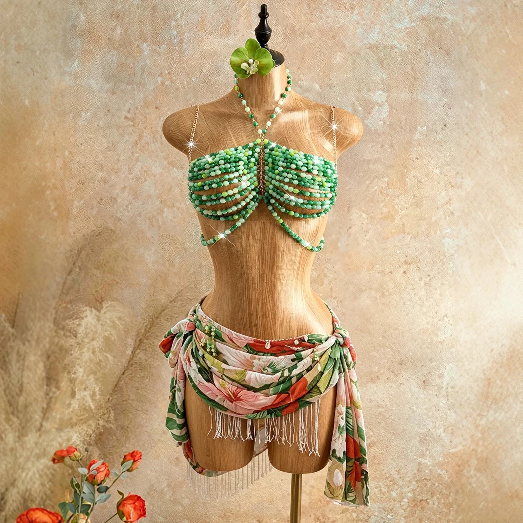 Green Color Changing Beaded Bra Chain Halter Camis Tank Vest Wide Layers Hollow Out Bikini Top Bra Beach Party Sexy Body Jewelry