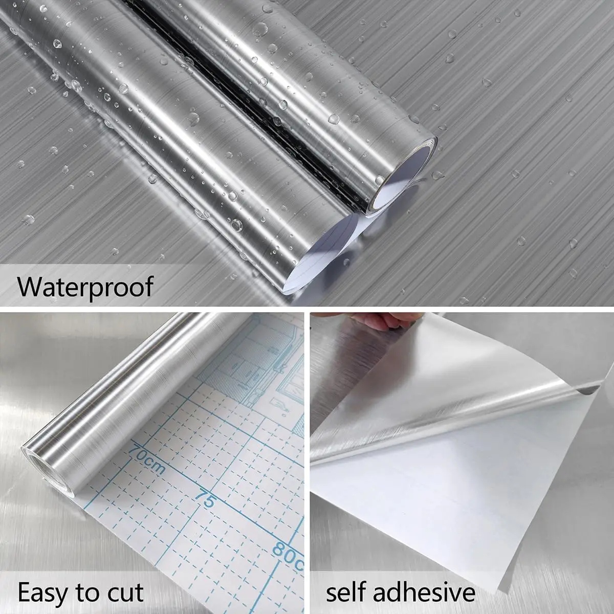 Brushed Silver Self-Adhesive Wallpaper Modern Fireproof Waterproof for Refrigerator Kitchen Countertop Living Room Decor